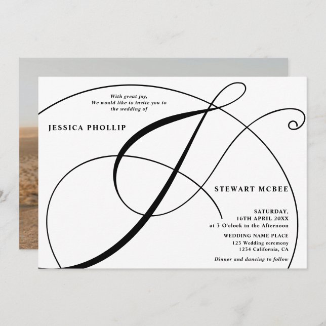 Script black white photo calligraphy wedding invitation (Front/Back)