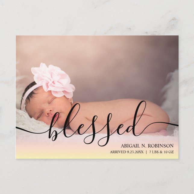 Script Blessed Baby Girl Photo Pink Announcement P Postcard (Front)