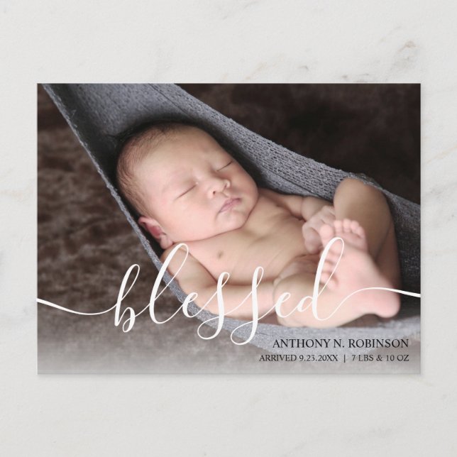 Script Blessed Baby Photo Birth Announcement Postcard (Front)