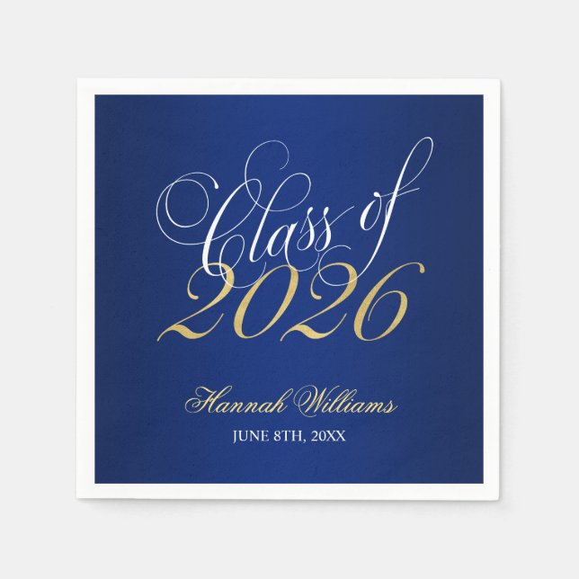 Script Blue Gold Class of 2026 Graduation Napkin (Front)