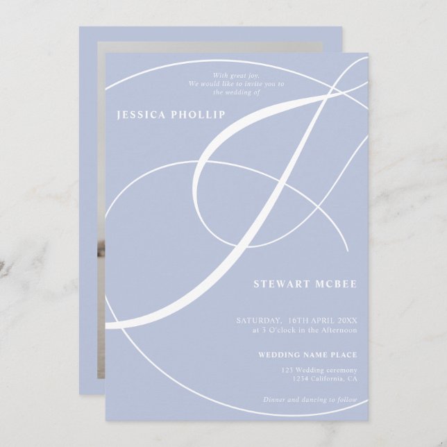 Script blue photo calligraphy wedding invitation (Front/Back)