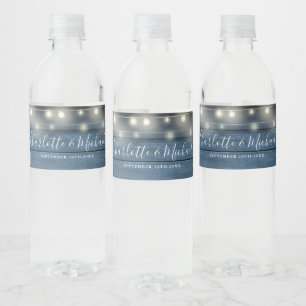 Script Blue Rustic Wood String Lights Wedding Water Bottle Label