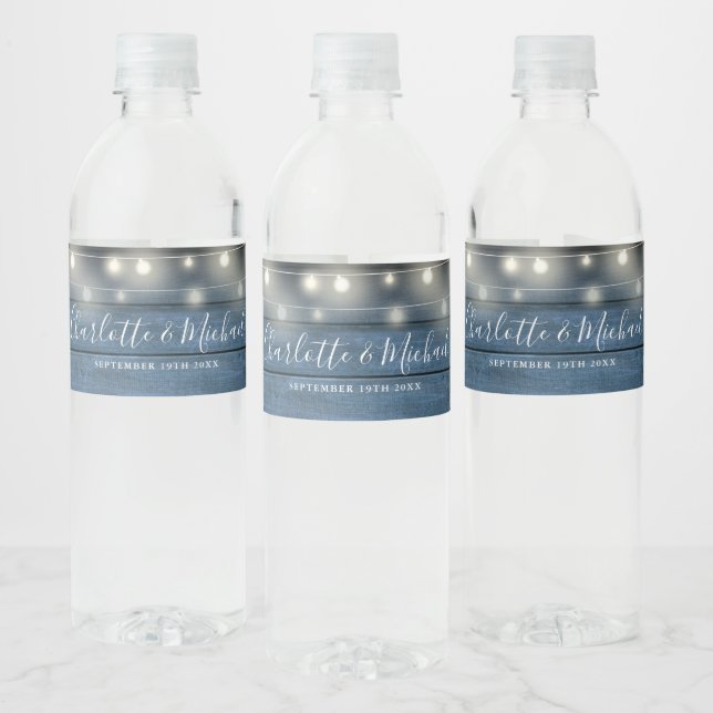 Script Blue Rustic Wood String Lights Wedding Water Bottle Label (Bottles)