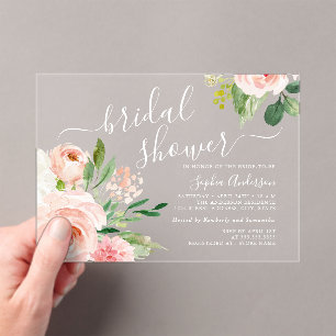 Script Blush Floral Bridal Shower Acrylic Invitations