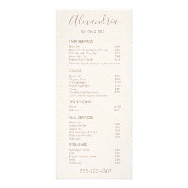 Script Blush Pink Leather Salon Service Menu (Front)