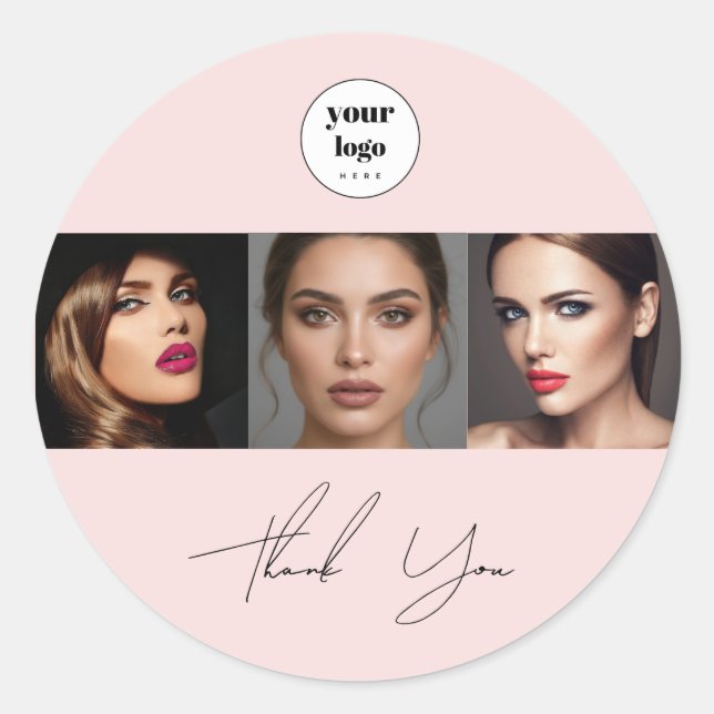 Script Blush Pink Logo Photo Makeup Thank You Classic Round Sticker (Front)