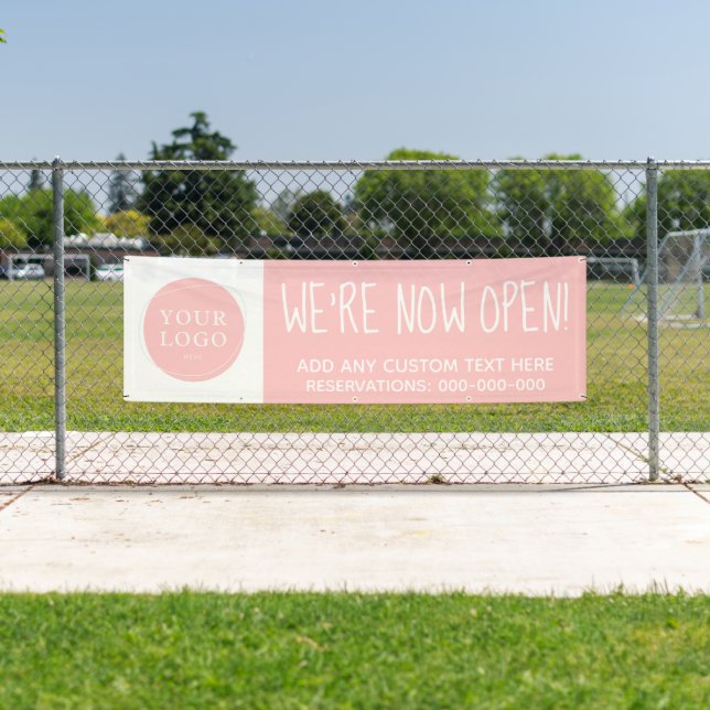 Script Blush Pink Logo We're Now Open Business Banner (Insitu)