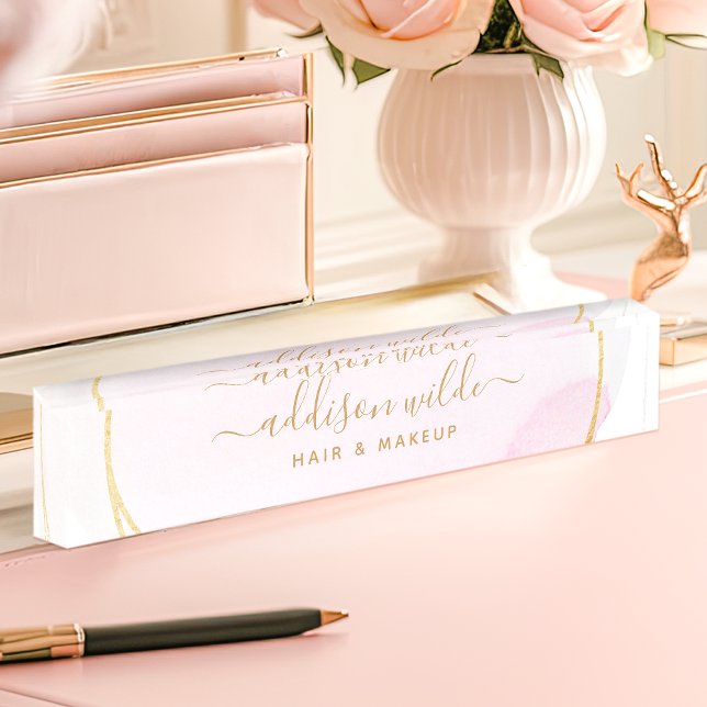 Script Blush Pink Watercolor Gold Circle Business Nameplate (Creator Uploaded)
