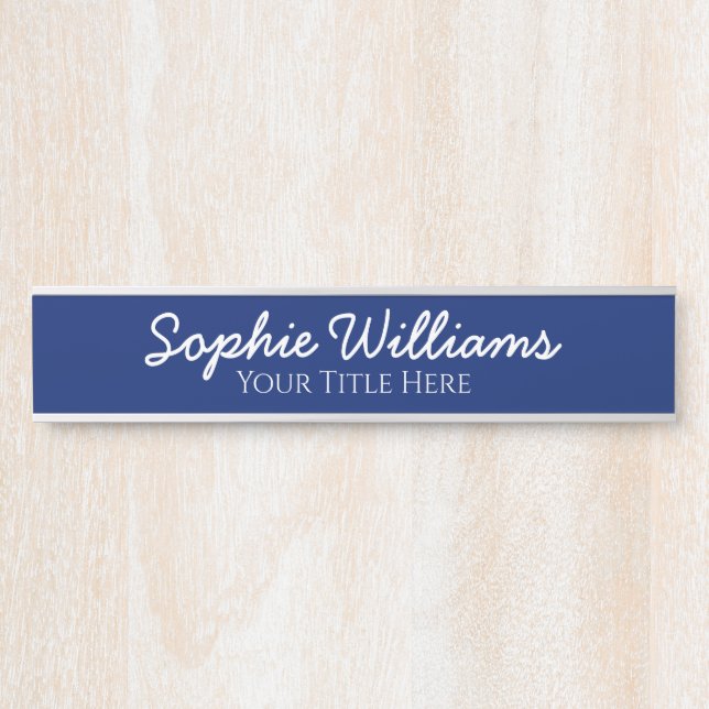 Script Bold White Fonts Name Title on Navy Blue Door Sign (Front)
