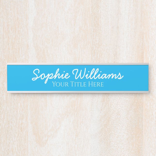 Script Bold White Fonts Name Title on Sky Blue Door Sign (Front)