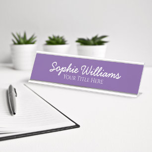 Script Bold White Fonts on Purple Desk Name Plate