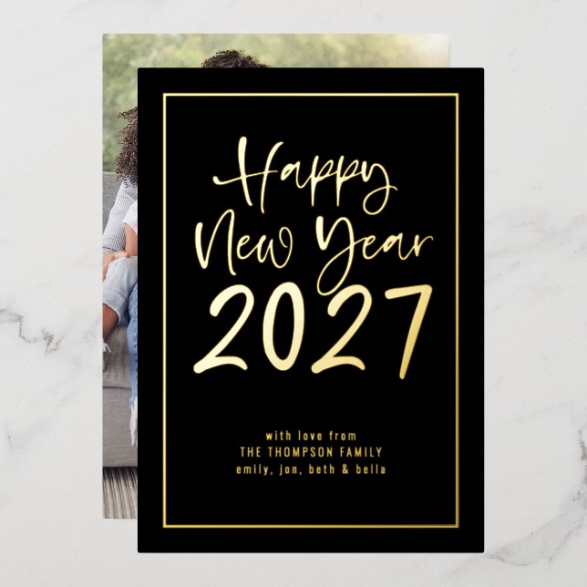 Script Border Happy New Year 2027 Photo Black (Front/Back)