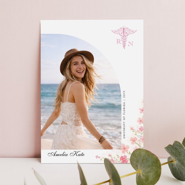 Script Bow Floral Photo RN Graduation Thank You Postcard (Creator Uploaded)