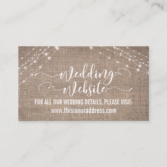 Script, Burlap & Light Strings Wedding Website Enclosure Card (Front)