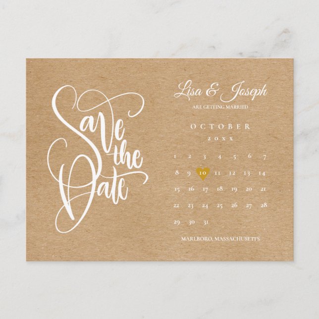 Script Calendar Save the Date Gold Heart Postcard (Front)