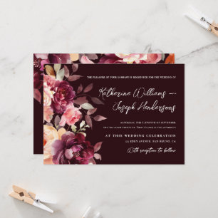 Script calligraphy Bouquet Floral Burgundy Wedding Invitation