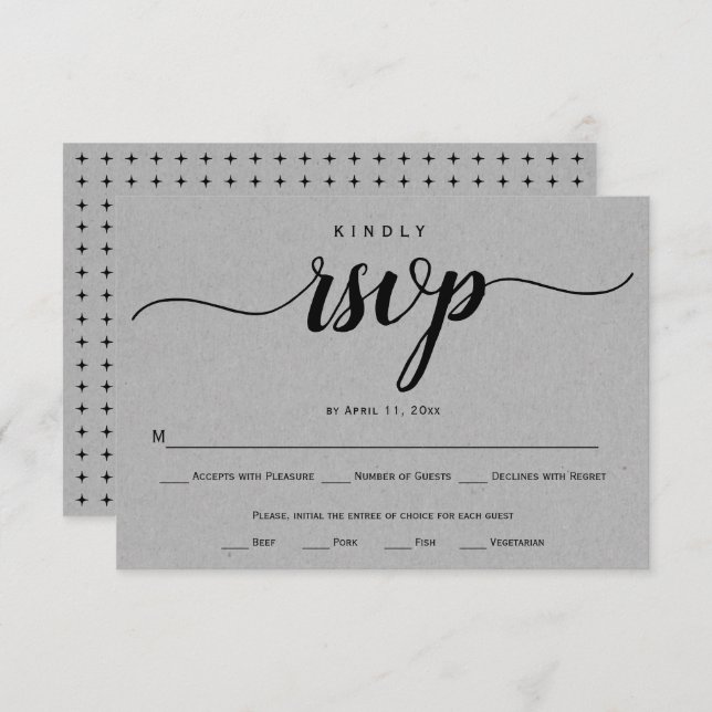 Script calligraphy grey kraft paper rustic wedding RSVP card (Front/Back)