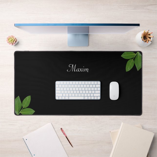 Script Calligraphy & Laurel Green Leaves on Black Desk Mat (Office 1)