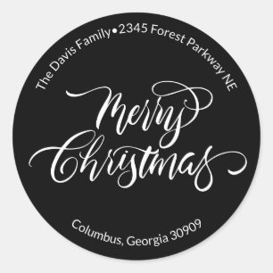 Script Calligraphy Merry Christmas Return Address  Classic Round Sticker