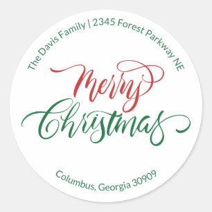 Script Calligraphy Merry Christmas Return Address Classic Round Sticker