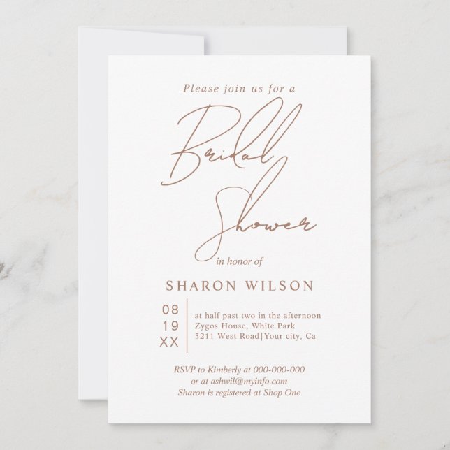 Script calligraphy mocha and white Bridal shower Invitation (Front)