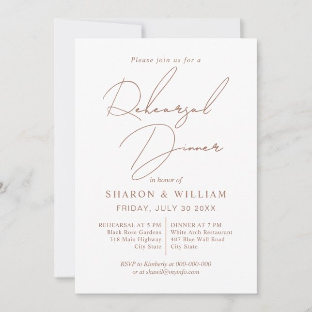 Script calligraphy mocha, white Rehearsal Dinner Invitation (Front)