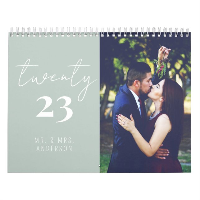 Script Calligraphy Newly Wed Photo Calendar | Sage (Cover)