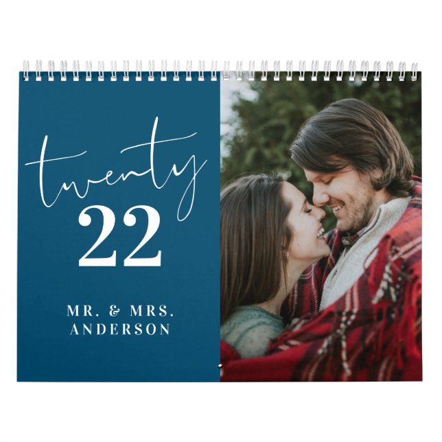 Script Calligraphy Newly Wed Photo Teal Blue Calendar (Cover)