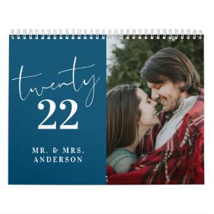 Script Calligraphy Newly Wed Photo Teal Blue Calendar