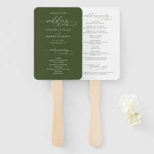 Script Calligraphy Olive Green Wedding Program Hand Fan