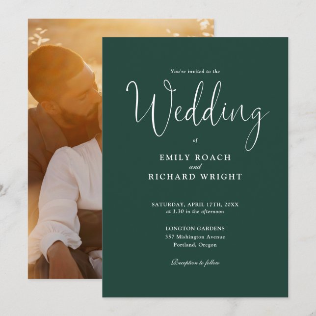 Script Calligraphy Photo Emerald Green Wedding Invitation (Front/Back)