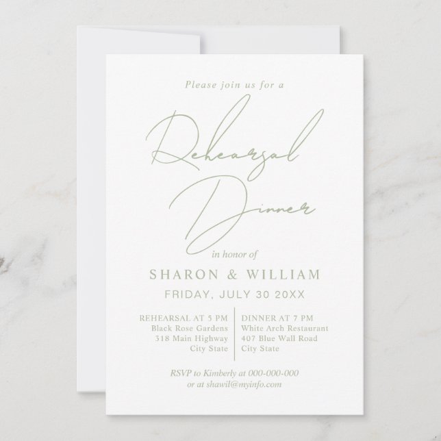 Script calligraphy sage green Rehearsal Dinner Invitation (Front)