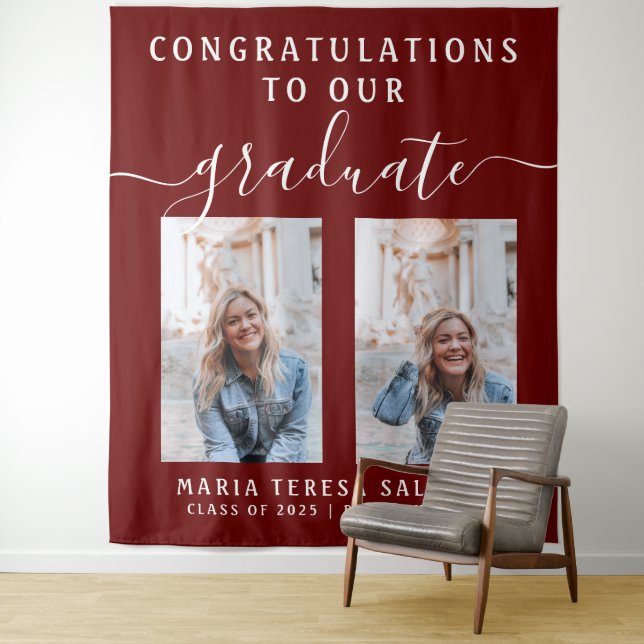 Script Calligraphy Two Photo Graduation | Maroon Tapestry (In Situ)