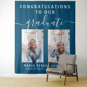 Script Calligraphy Two Photo Graduation  Teal Blue Tapestry