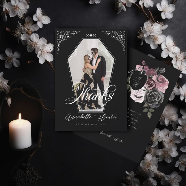Script Coffin Photo Gothic Halloween Wedding  Thank You Card (Script Coffin Photo Gothic Halloween Wedding Thank You Card)