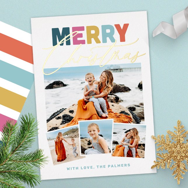 Script Collage Merry Christmas Foil Holiday Card (Creator Uploaded)