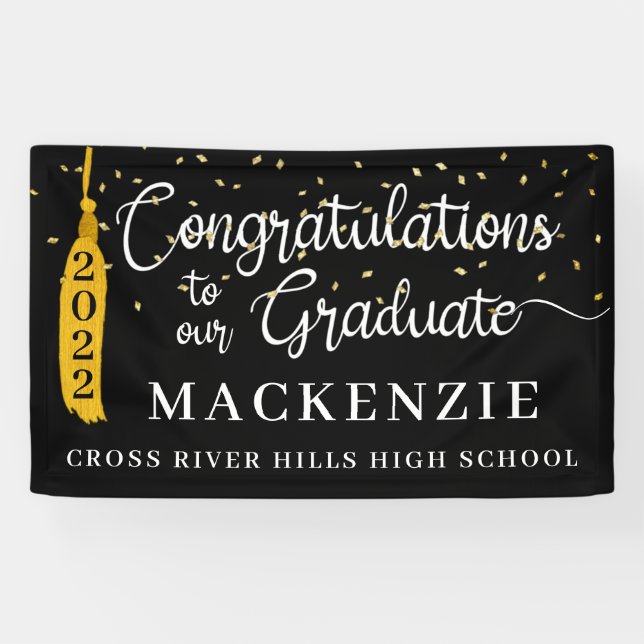 Script Congrats Grad Black Gold Tassel Confetti Banner (Horizontal)