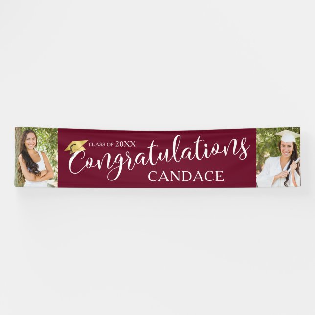 Script CONGRATULATIONS Photo Graduation Maroon Banner (Horizontal)