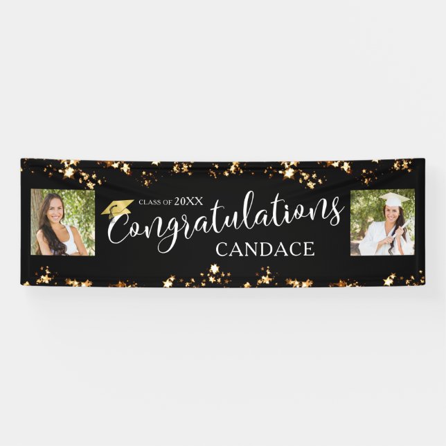 Script CONGRATULATIONS Photo Stars Black Banner (Horizontal)