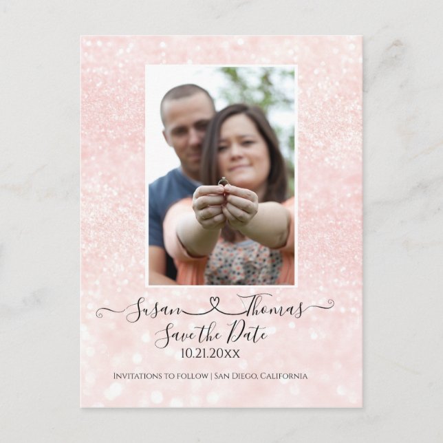 Script Connected Heart Glitter Blush Save the Date Announcement Postcard (Front)