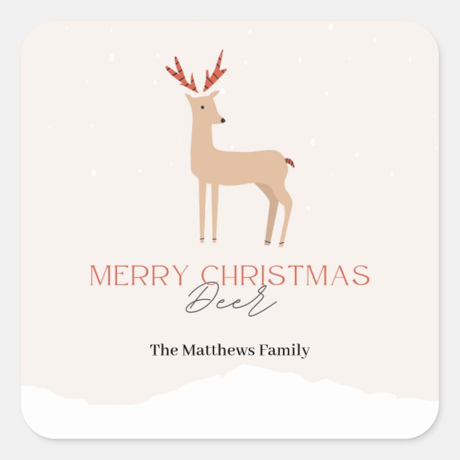 Script Creamy Biege Christmas Deer & Family Name  Square Sticker (Front)