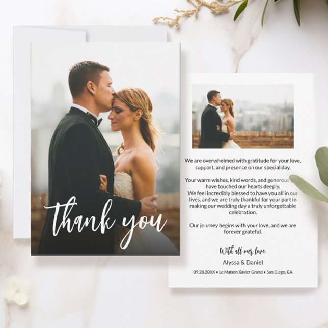 Script Custom 2 Wedding Photos Modern Thank You Card (Modern handlettering thank you wedding photo.)