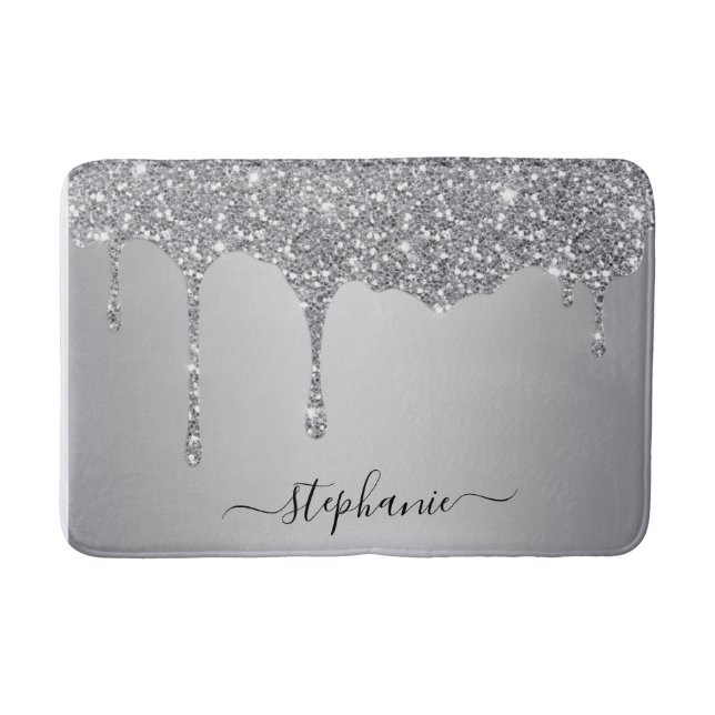 Script Custom Name Silver Glitter Drips Luxury Bath Mat (Front)