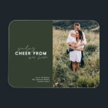 script distance sending cheer from over here magnet<br><div class="desc">send festive cheer from far any distance with this great elegant photo deisgn. featuring classy modern mixed fonts and your own photo and details this is a great way to make your christmas wishes more personal and special. Colour can be changed.</div>