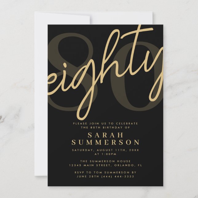 Script Eighty Black Gold 80th Birthday Party Invitation (Front)