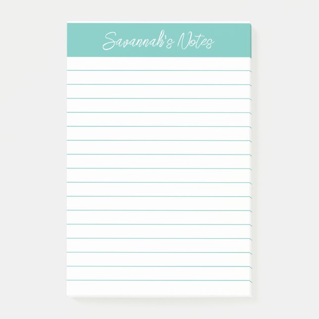Script Elegant Aqua Lined Personalised Post-it Notes (Front)