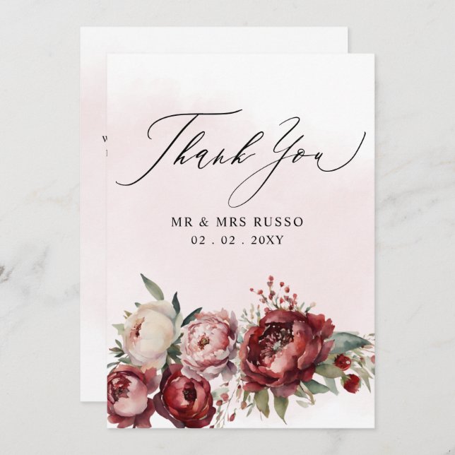  Script Elegant Burgundy Blush Floral Wedding  Thank You Card (Front/Back)