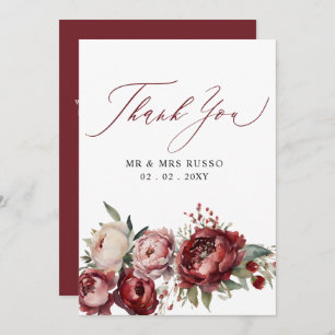 Script Elegant Burgundy Blush Floral Wedding Thank You Card
