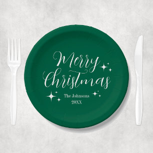 Script Elegant Green Custom Merry Christmas Party Paper Plate