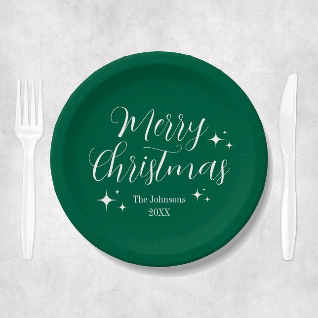 Script Elegant Green Custom Merry Christmas Party Paper Plate (Elegant Green Merry Christmas Party Paper Plates
)